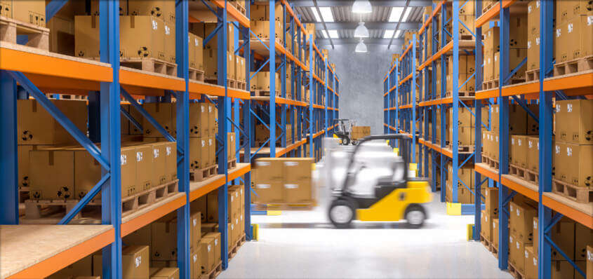 Warehouse with forklift and boxes